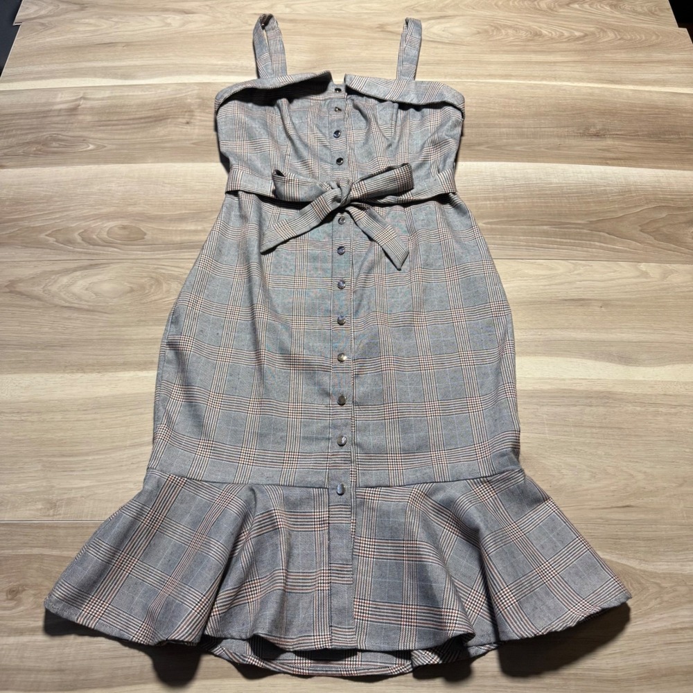 Apeach Plaid Midi Dress Women Size M Grey Glen Check Button Front Ruffle Hem